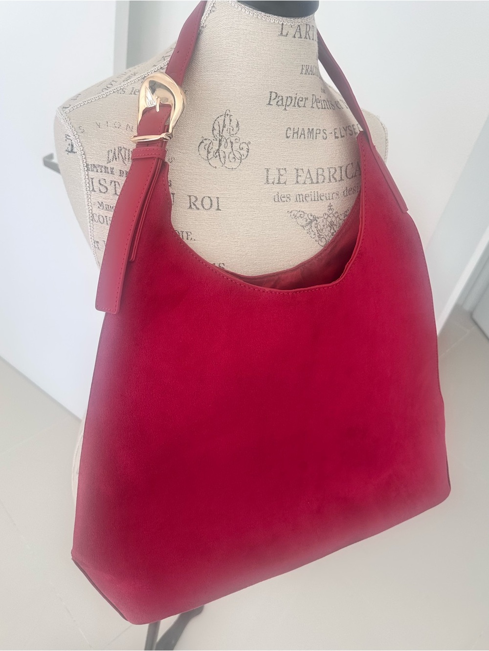 Red Leather Hobo Shoulder Bag - Classic Women’s Carryall- faux suede- NEW